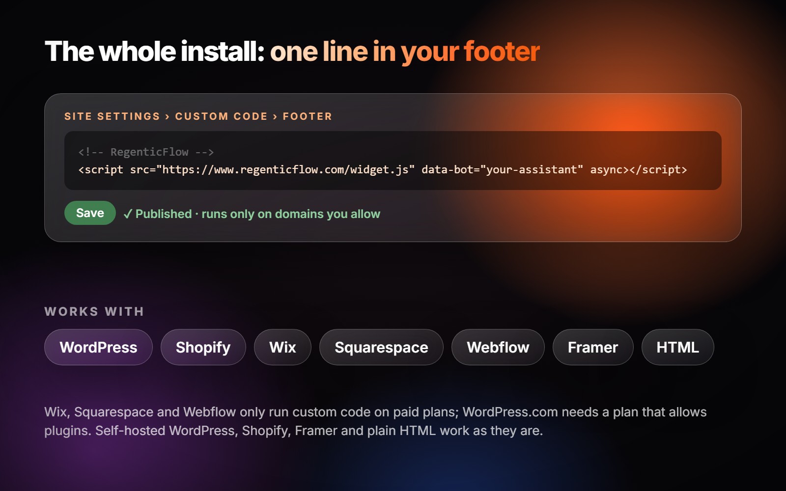 The install: a footer code box containing the one-line RegenticFlow script, marked as published and running only on allowed domains, with the supported site builders listed below