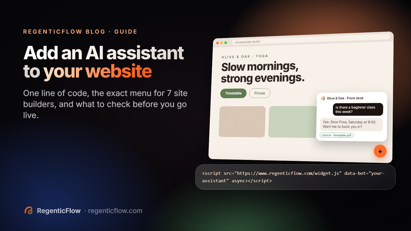 A website with the RegenticFlow assistant answering a visitor, above the one-line embed code